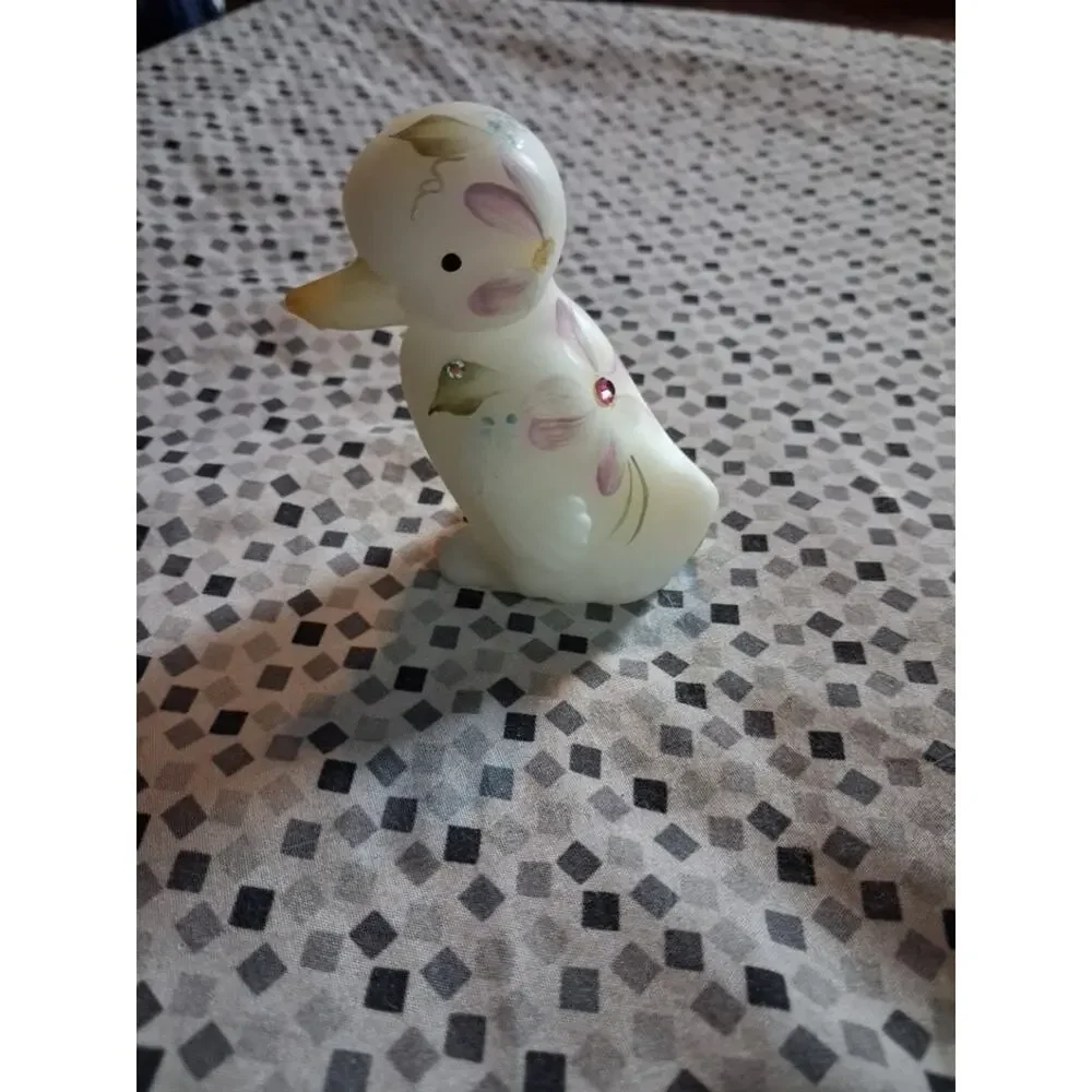 Fenton Glass Duck Duckling Hand Painted Artist Signed Floral with Gems